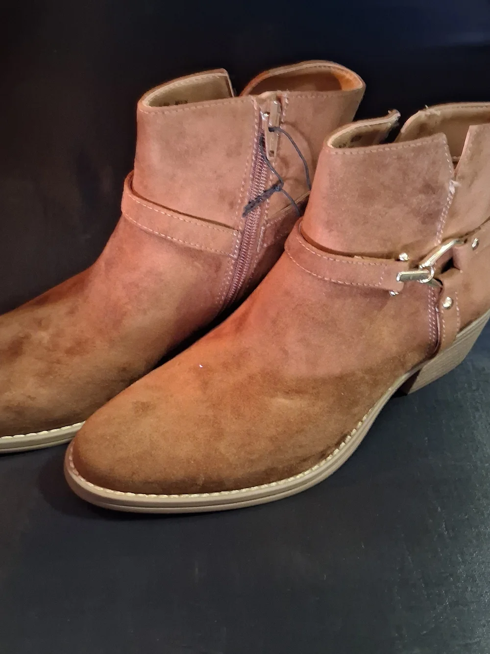 White Mountain Tan Suede Ankle Booties with Buckle Detail